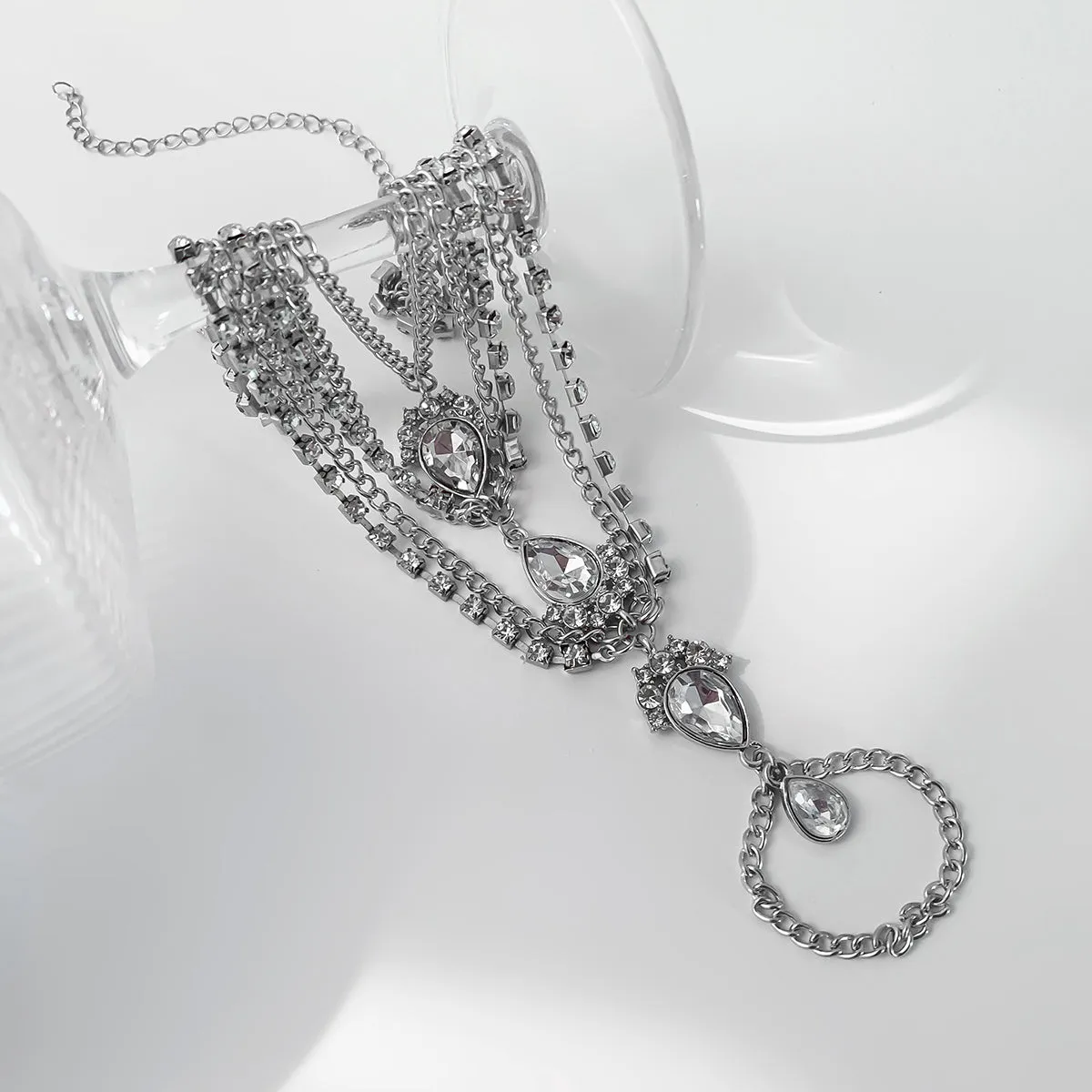 Cubic Zirconia & Crystal Silver-Plated Layered Toe Ring Anklet