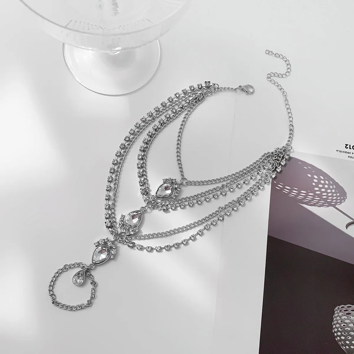 Cubic Zirconia & Crystal Silver-Plated Layered Toe Ring Anklet