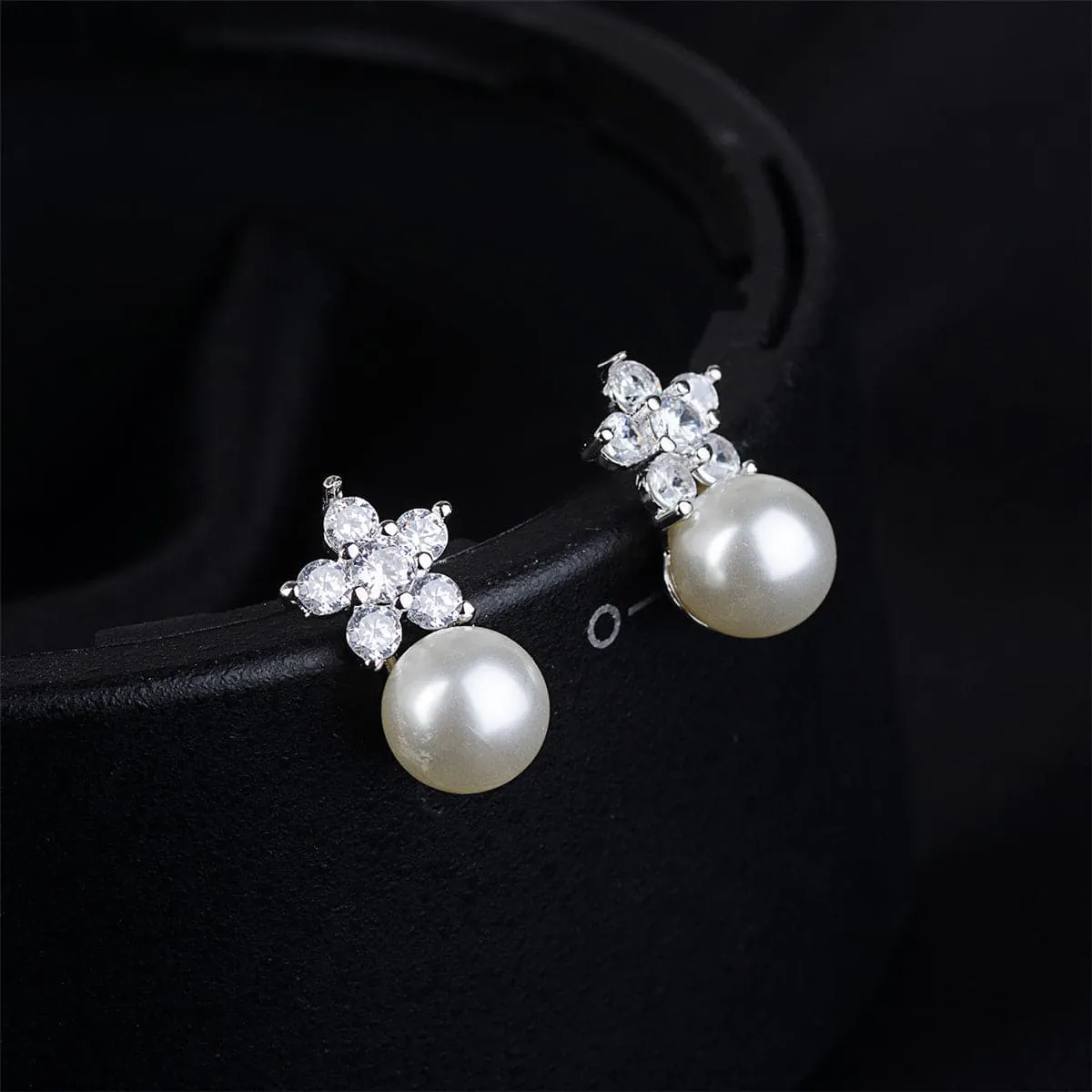 Cubic Zirconia & Pearl Plum Stud Earrings