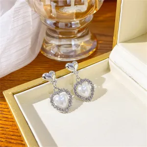 Cubic Zirconia & Pearl Silver-Plated Double Heart Drop Earrings