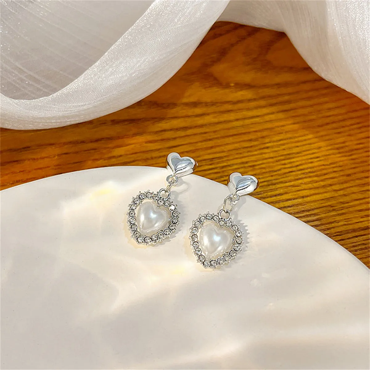 Cubic Zirconia & Pearl Silver-Plated Double Heart Drop Earrings