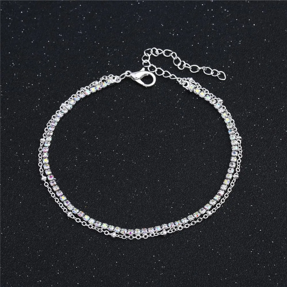 Cubic Zirconia & Silver-Plated Chain Layered Anklet