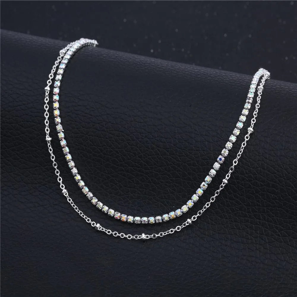 Cubic Zirconia & Silver-Plated Chain Layered Anklet