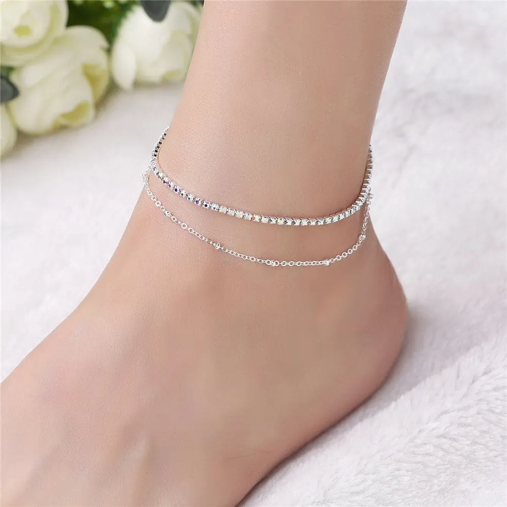 Cubic Zirconia & Silver-Plated Chain Layered Anklet