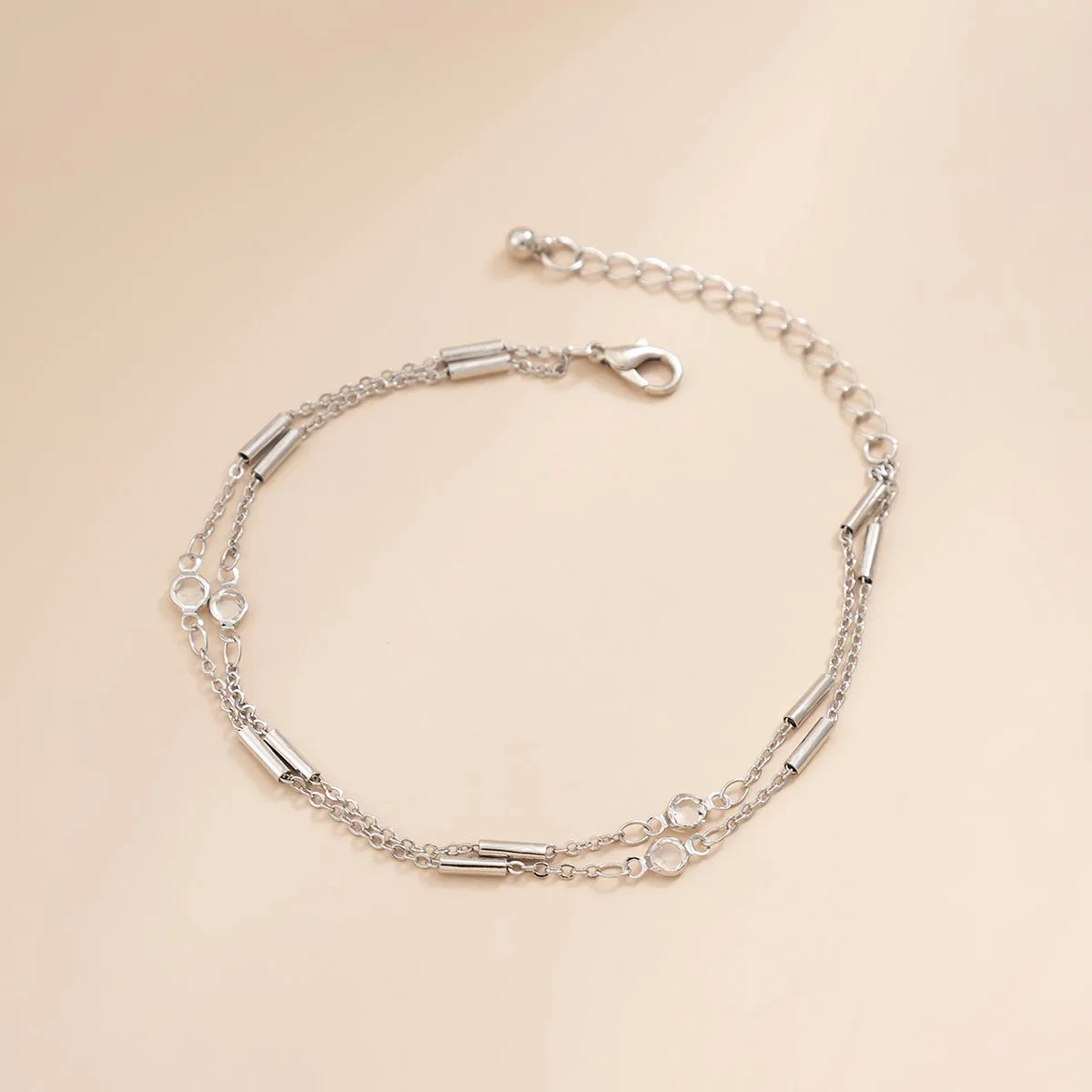 Cubic Zirconia & Silver-Plated Tube Layered Anklet