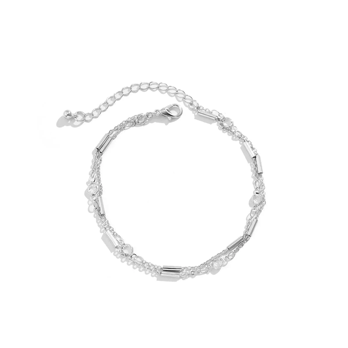 Cubic Zirconia & Silver-Plated Tube Layered Anklet