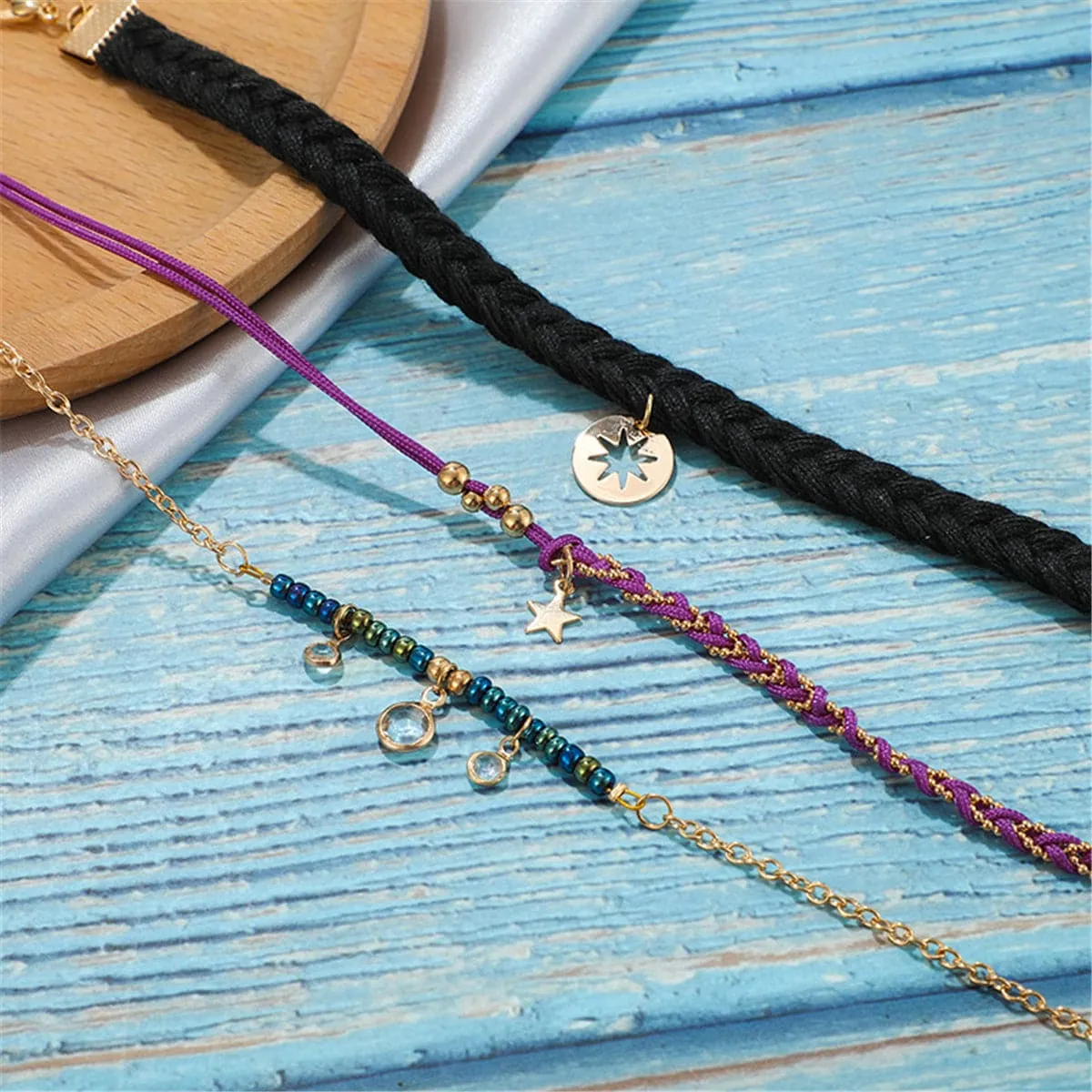 Cubic Zirocnia & 18K Gold-Plated Star Charm Anklet Set