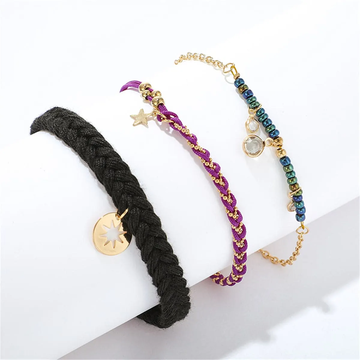 Cubic Zirocnia & 18K Gold-Plated Star Charm Anklet Set