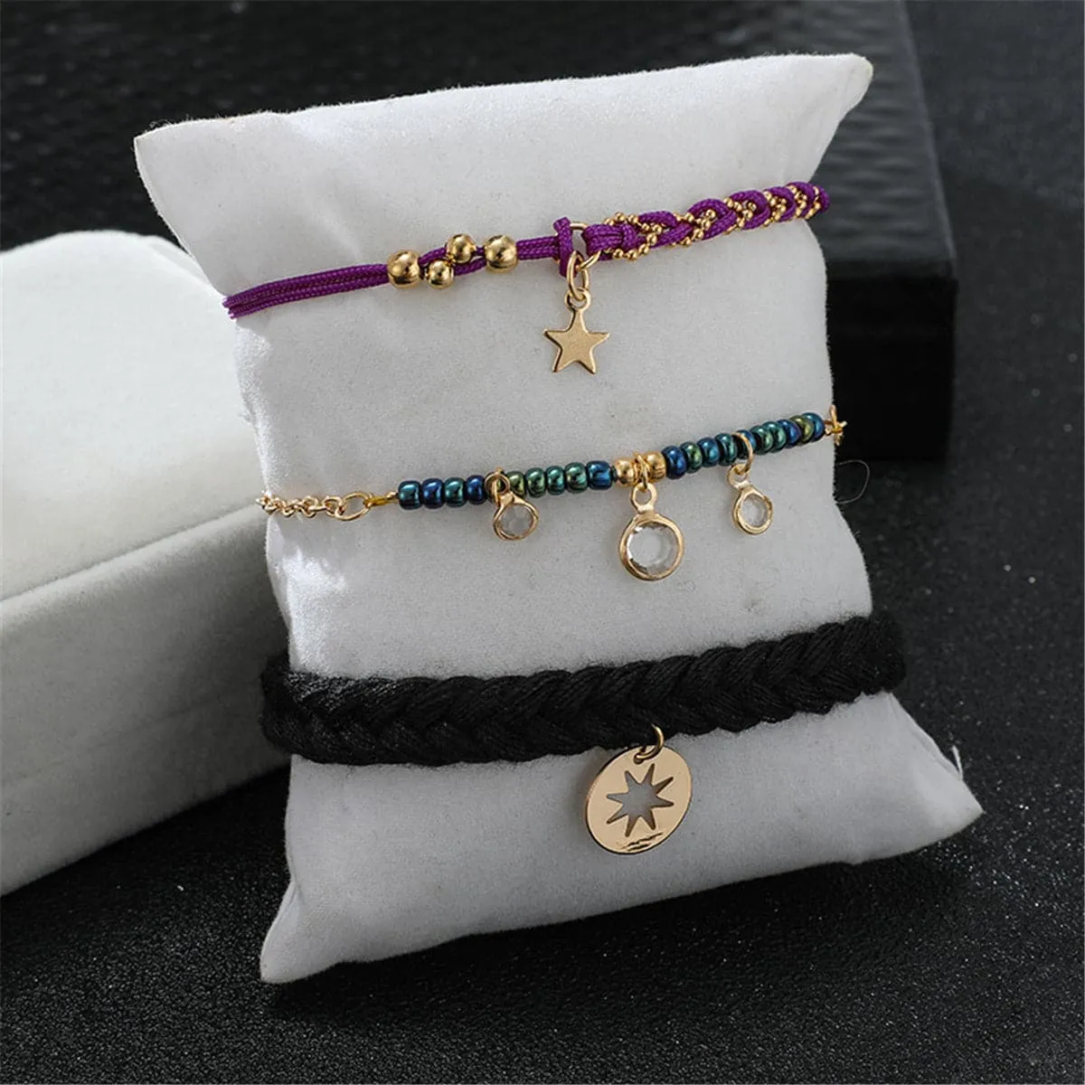 Cubic Zirocnia & 18K Gold-Plated Star Charm Anklet Set