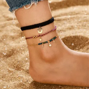 Cubic Zirocnia & 18K Gold-Plated Star Charm Anklet Set