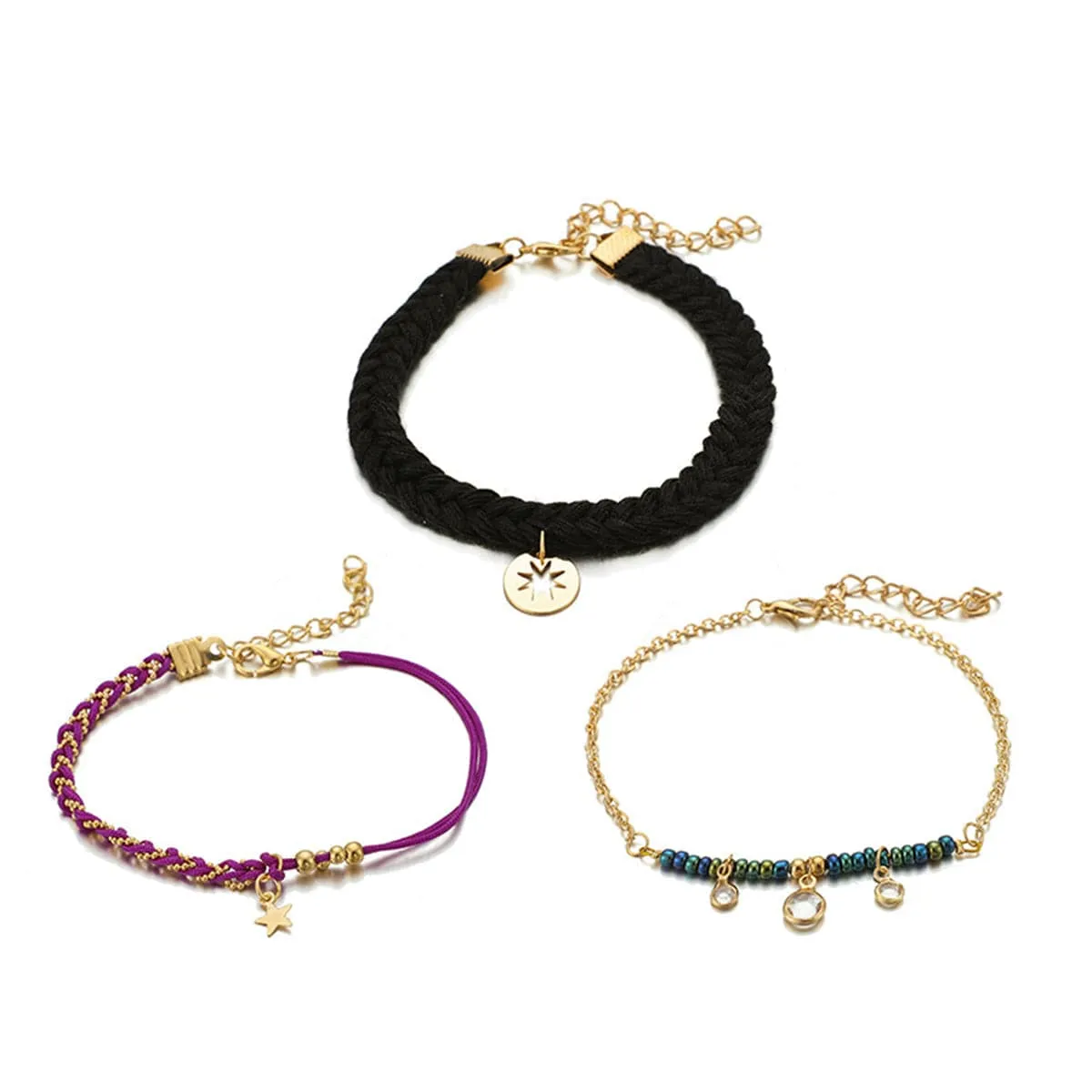 Cubic Zirocnia & 18K Gold-Plated Star Charm Anklet Set