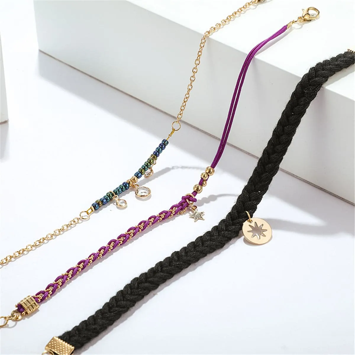 Cubic Zirocnia & 18K Gold-Plated Star Charm Anklet Set