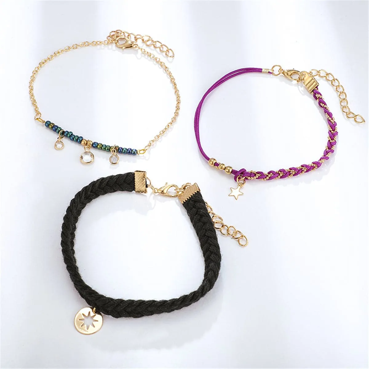 Cubic Zirocnia & 18K Gold-Plated Star Charm Anklet Set
