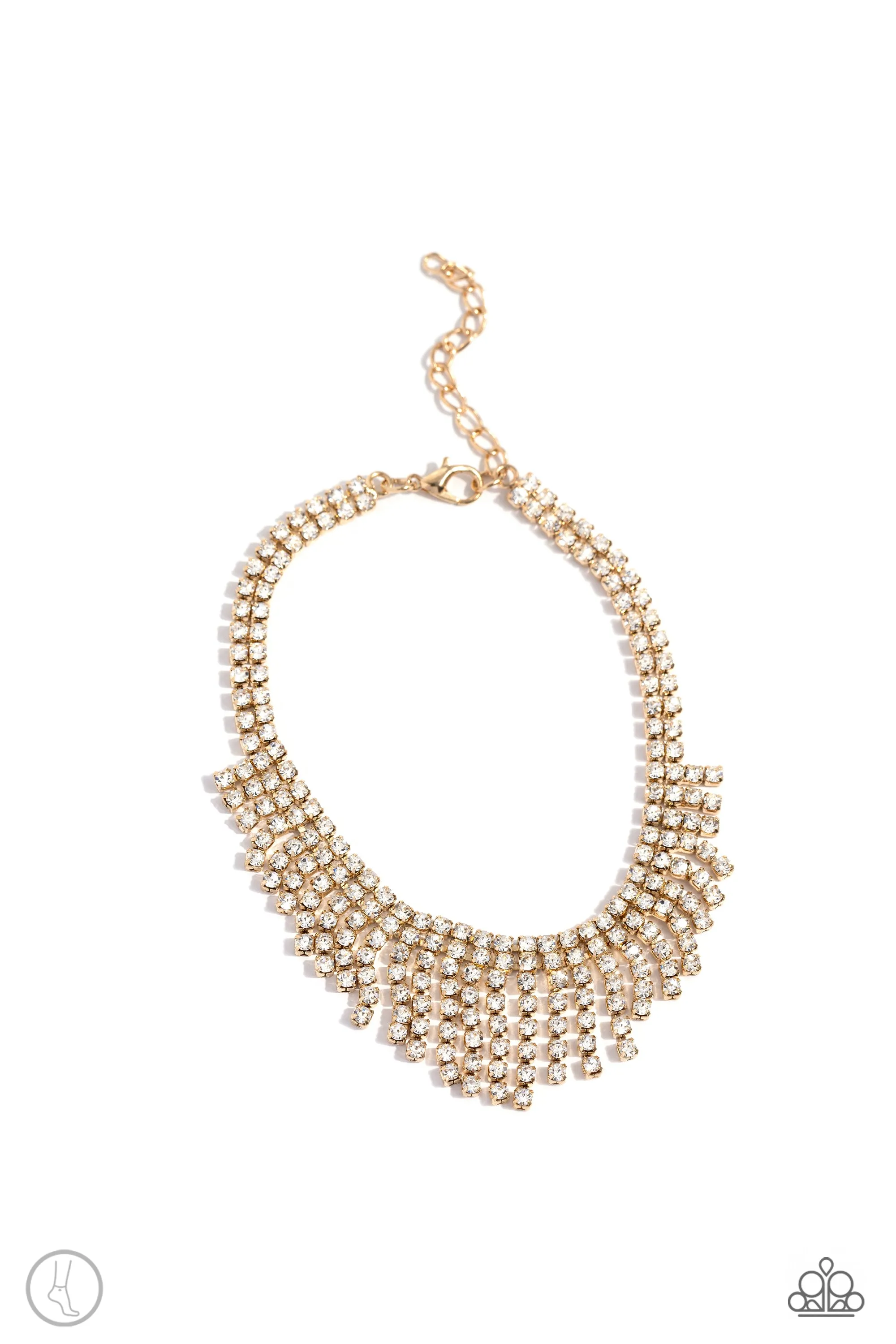 Curtain Confidence - Gold - White Rhinestone Fringe Paparazzi Anklet