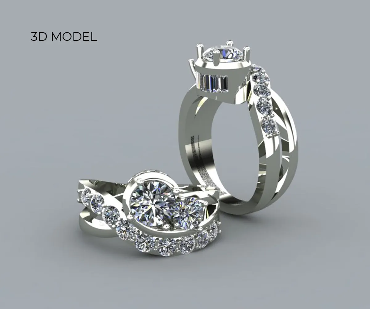 Curved Swirl Round Diamond and Baguette Ring