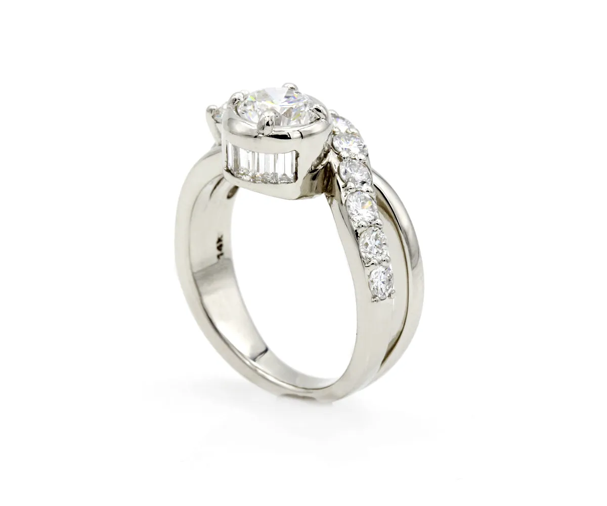 Curved Swirl Round Diamond and Baguette Ring
