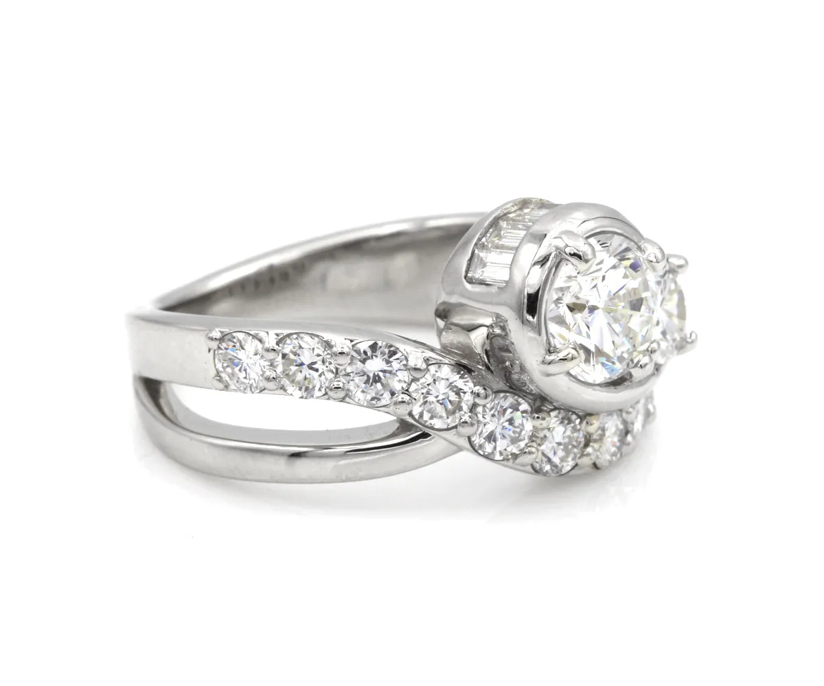 Curved Swirl Round Diamond and Baguette Ring
