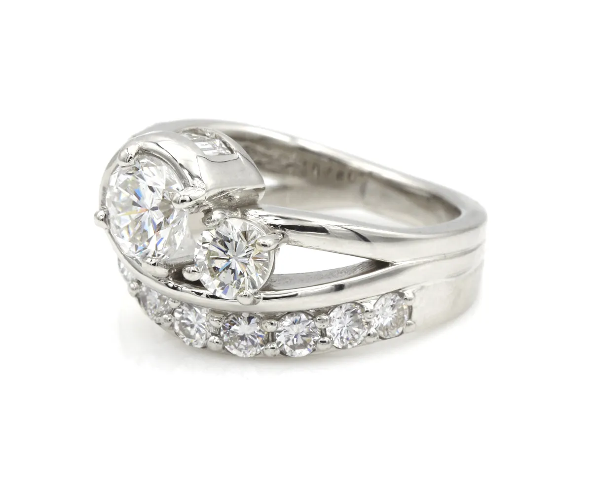 Curved Swirl Round Diamond and Baguette Ring