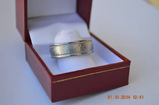 Custom Made Titanium Wedding Band with Tungsten Hammered Inlay Ring with Milgrain Design Available in mens and womens sizes 4-18