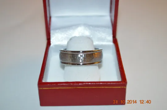 Custom Made Titanium Wedding Band with Tungsten Hammered Inlay Ring with Milgrain Design Available in mens and womens sizes 4-18