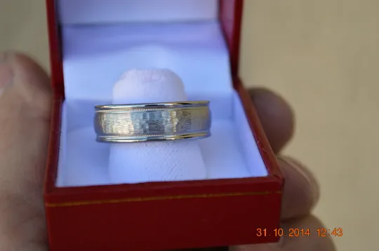 Custom Made Titanium Wedding Band with Tungsten Hammered Inlay Ring with Milgrain Design Available in mens and womens sizes 4-18