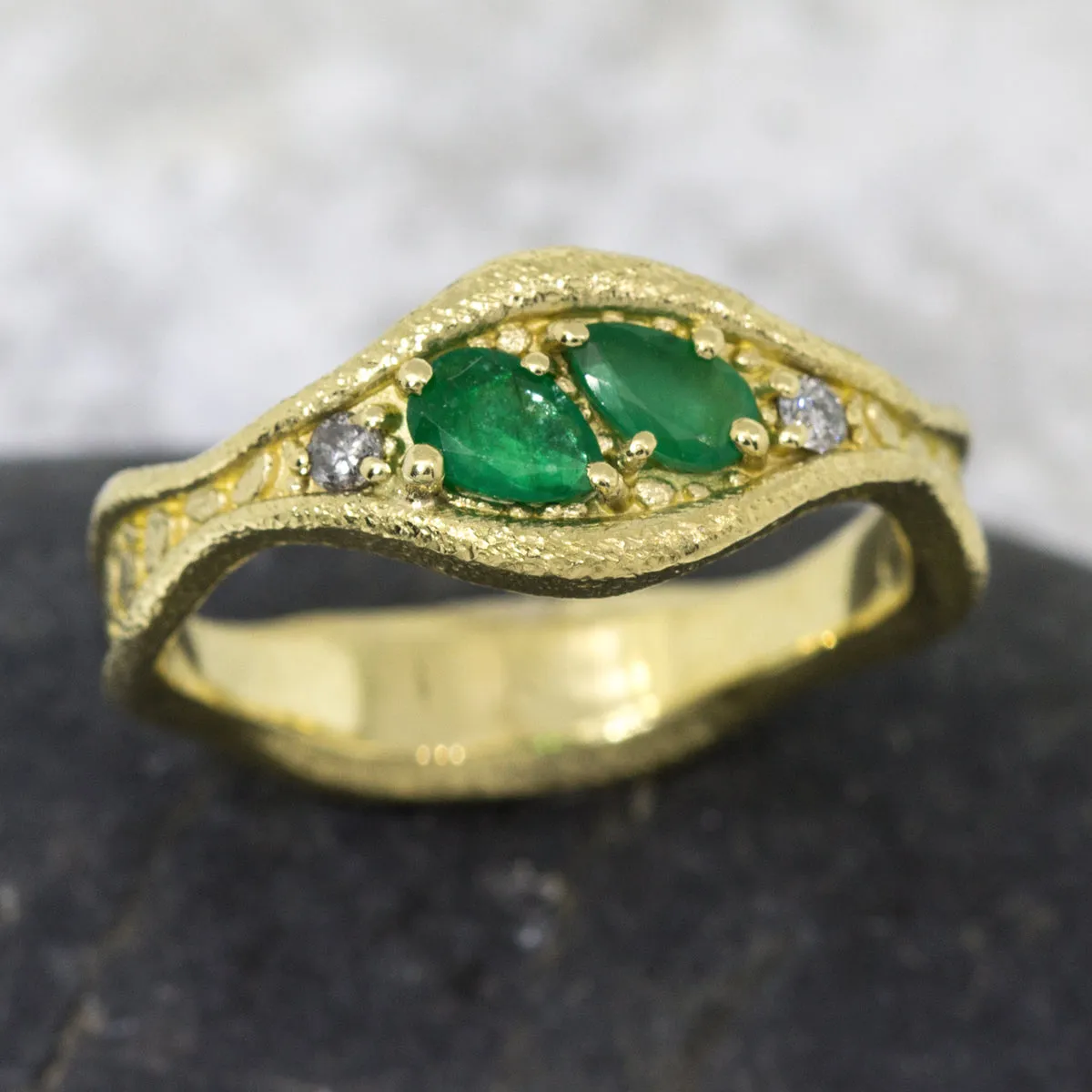 Custom Wavy Ring with Emeralds and Diamonds
