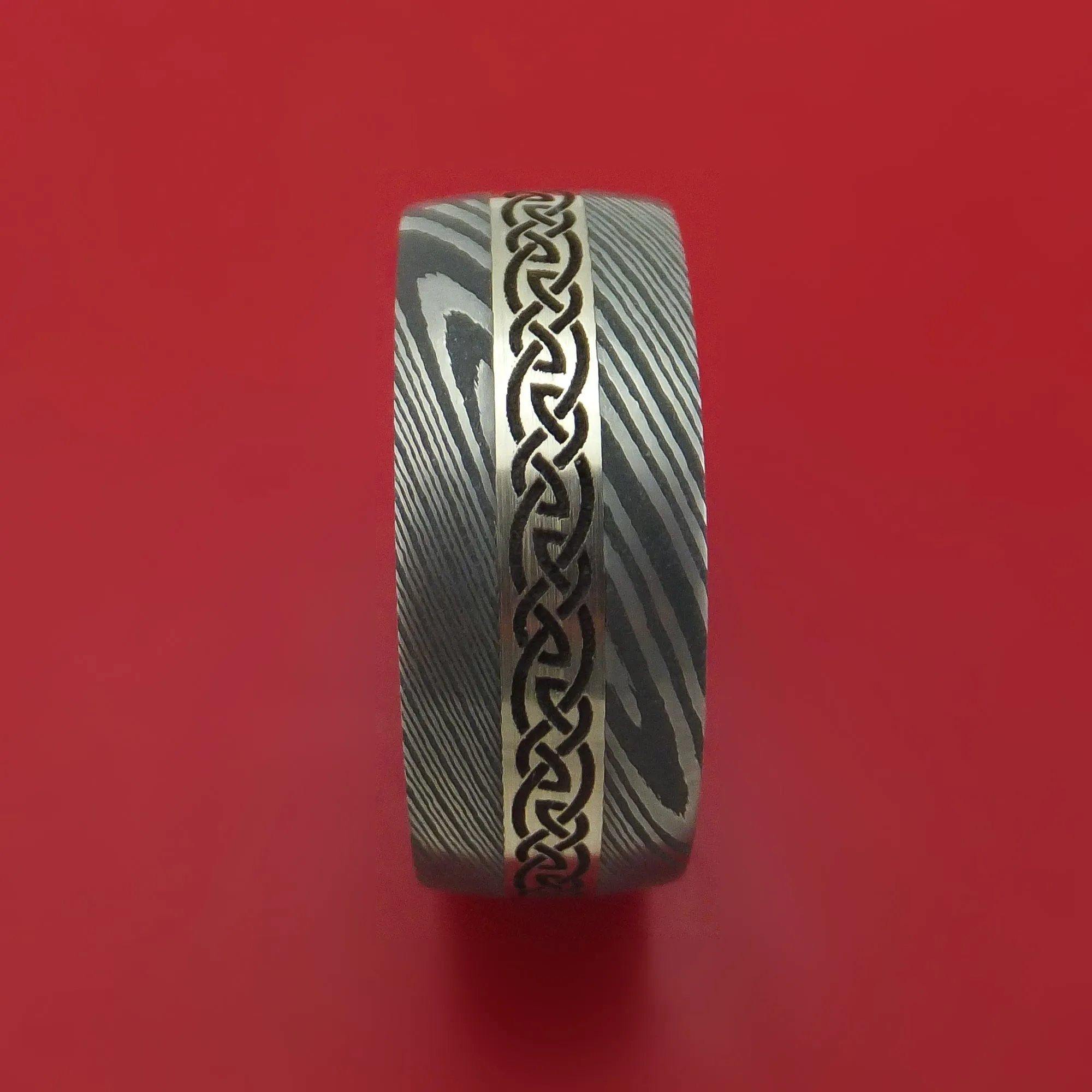 Damascus Steel Celtic Ring With 14K White Gold Inlay And Hardwood Sleeve Custom Made Band