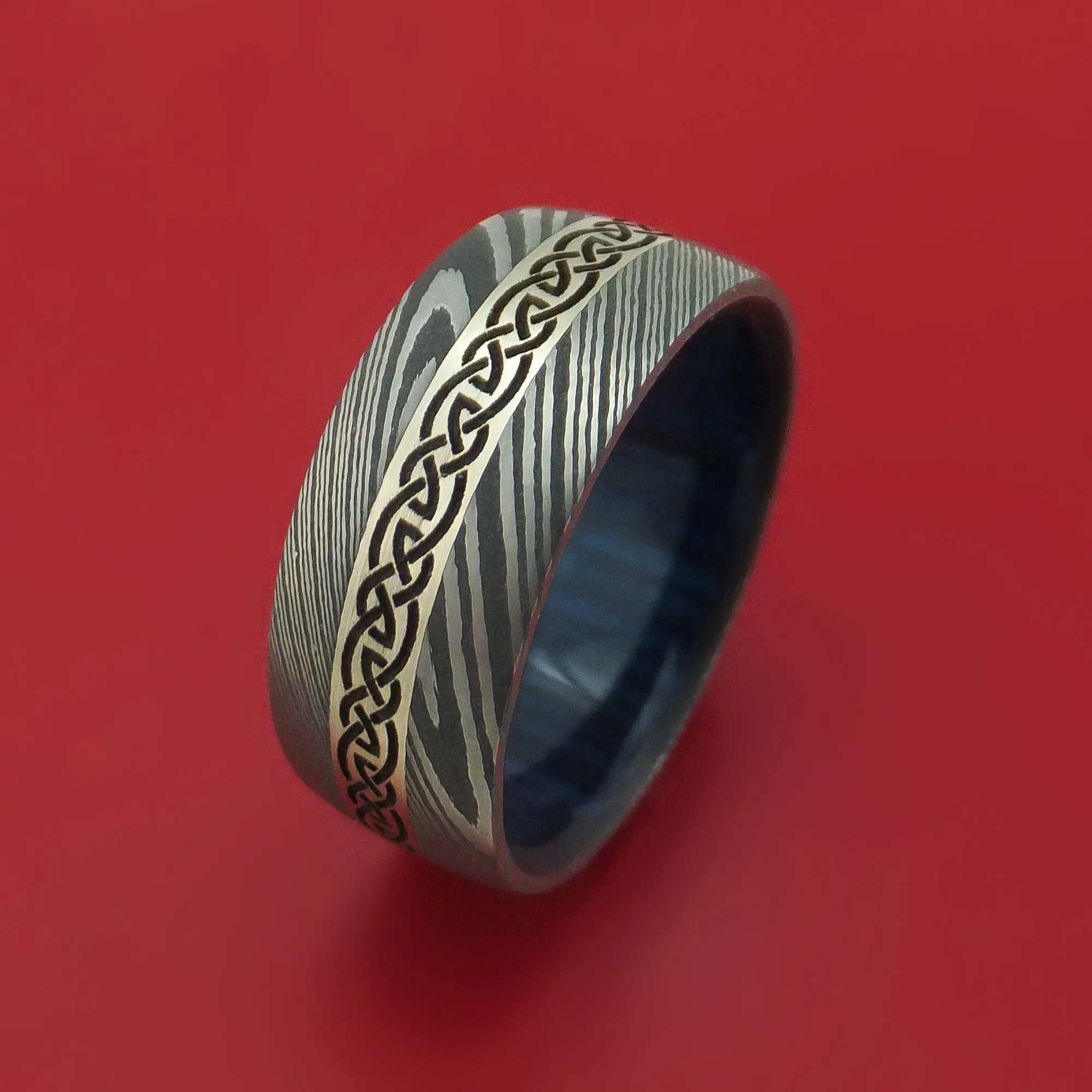 Damascus Steel Celtic Ring With 14K White Gold Inlay And Hardwood Sleeve Custom Made Band