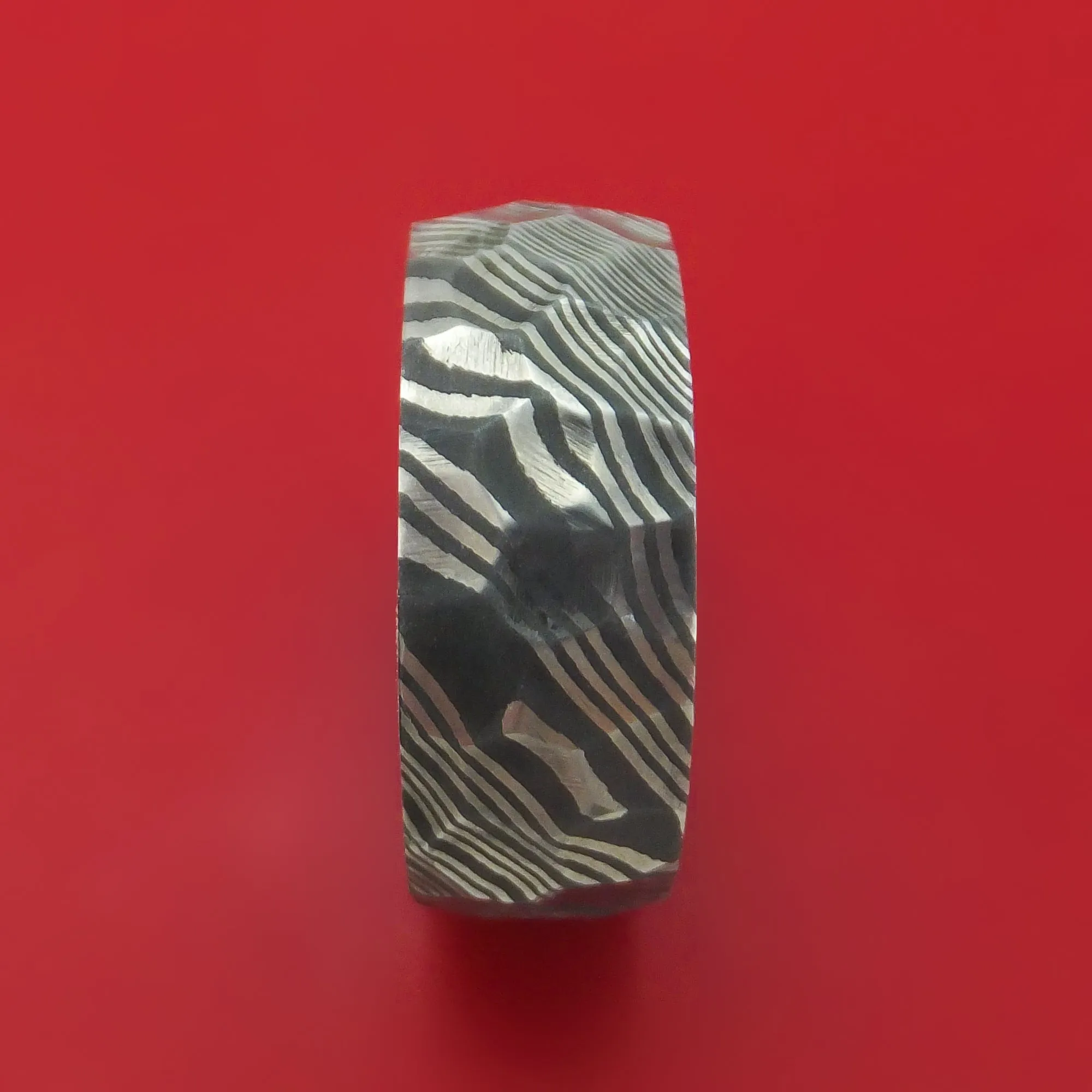 Damascus Steel Hammered Ring with Forged Carbon Fiber Sleeve Custom Made