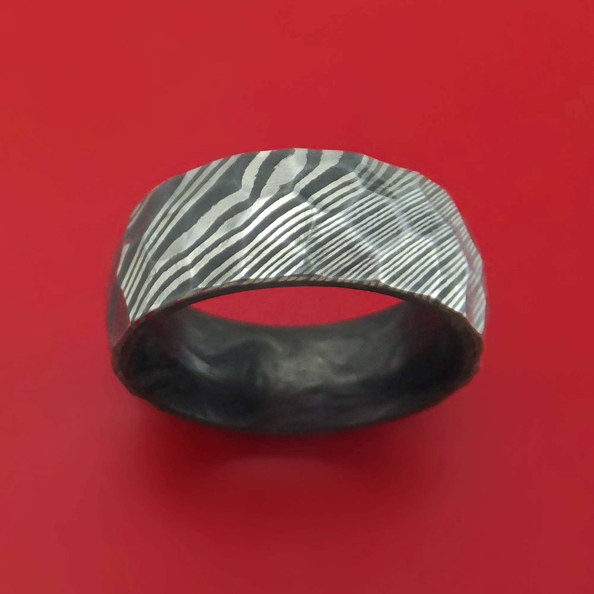 Damascus Steel Hammered Ring with Forged Carbon Fiber Sleeve Custom Made