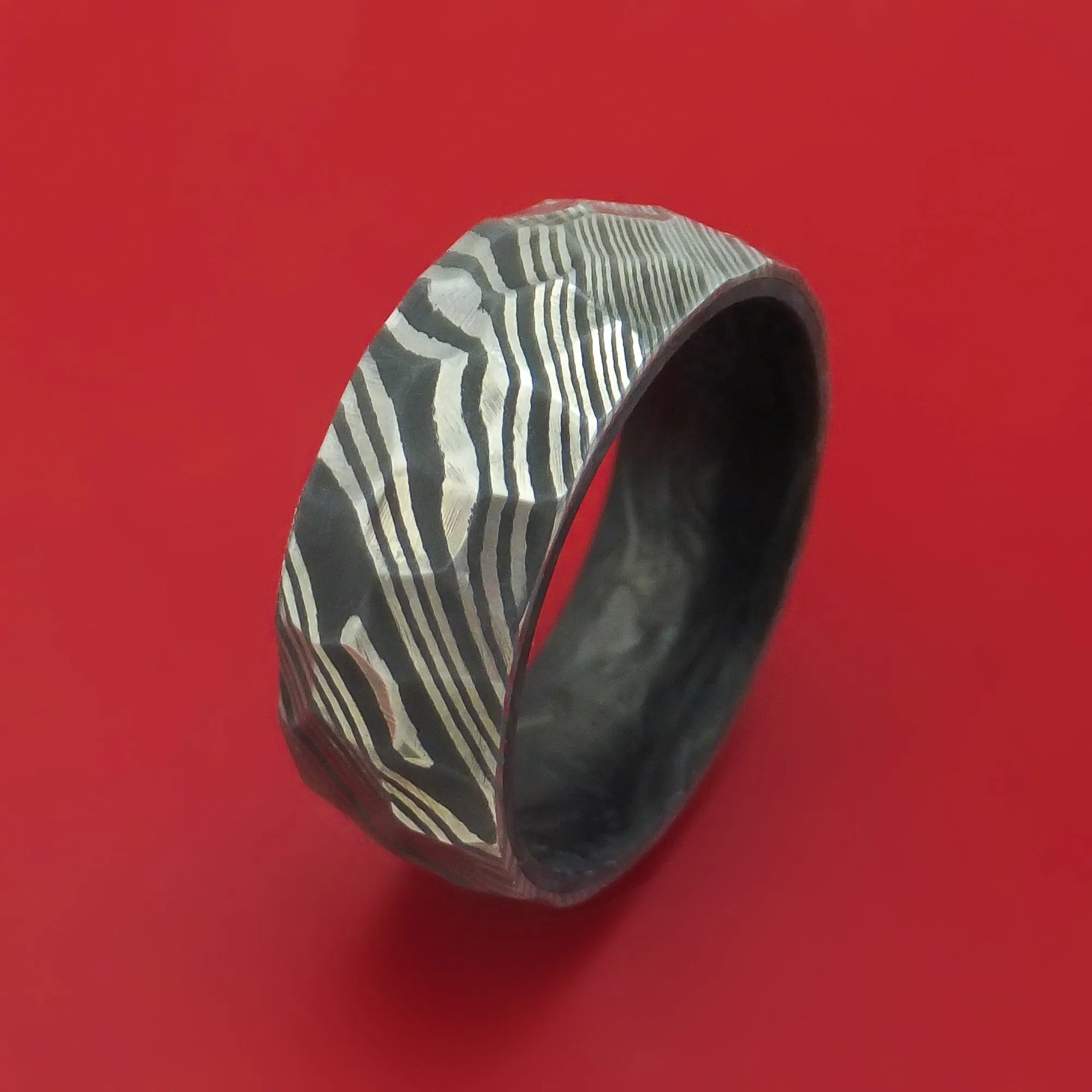 Damascus Steel Hammered Ring with Forged Carbon Fiber Sleeve Custom Made