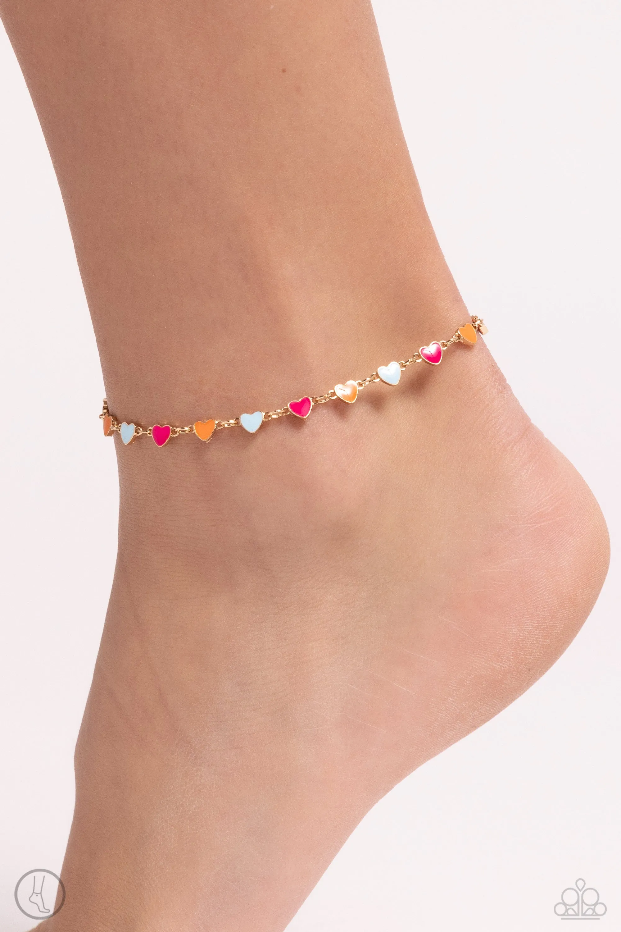 Dancing Delight - Gold - Pink, Orange, and Blue Heart Paparazzi Anklet