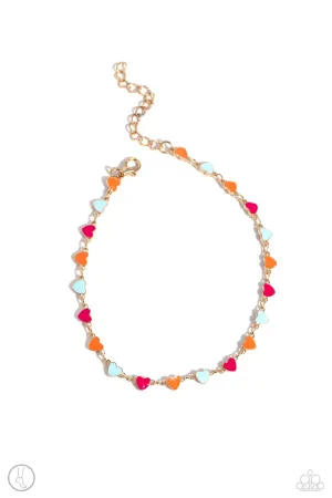 Dancing Delight - Gold - Pink, Orange, and Blue Heart Paparazzi Anklet