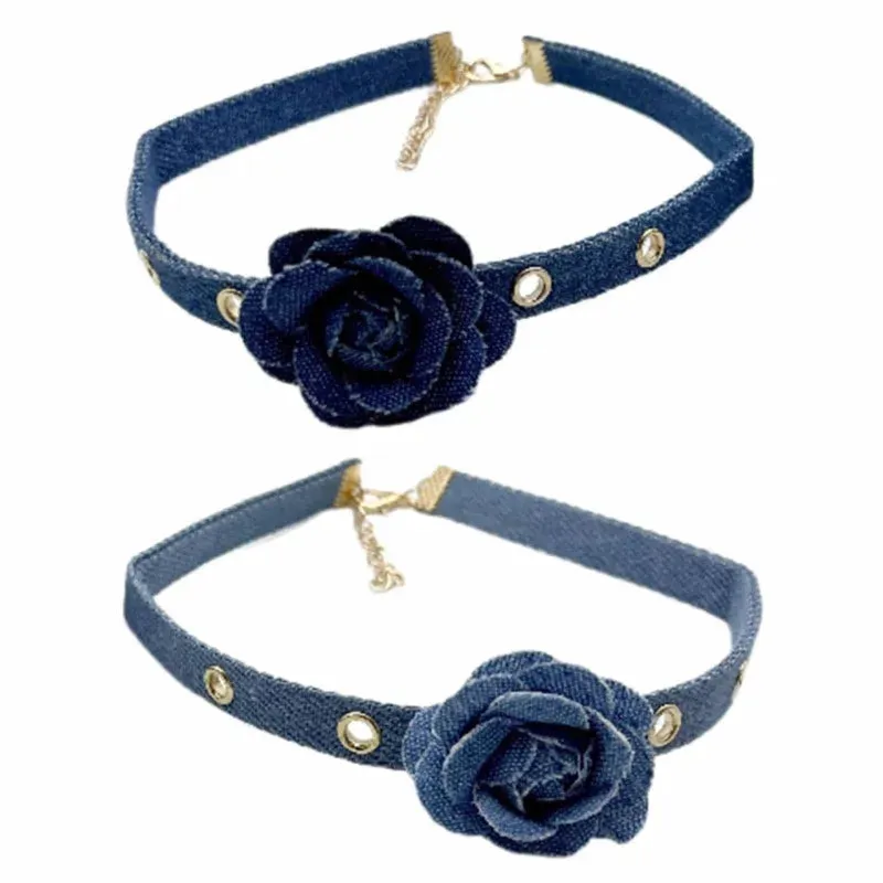 Denim Rose Corsage Choker Necklaces
