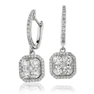 DIAMOND CLUSTER AND HALO DROP EARRINGS IN 18K WHITE GOLD