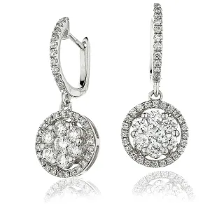 DIAMOND CLUSTER HALO DROP HOOP EARRING IN 18K WHITE GOLD