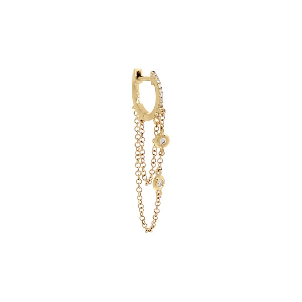 Diamond Double Bezel Drop Chain Huggie Earring 14K