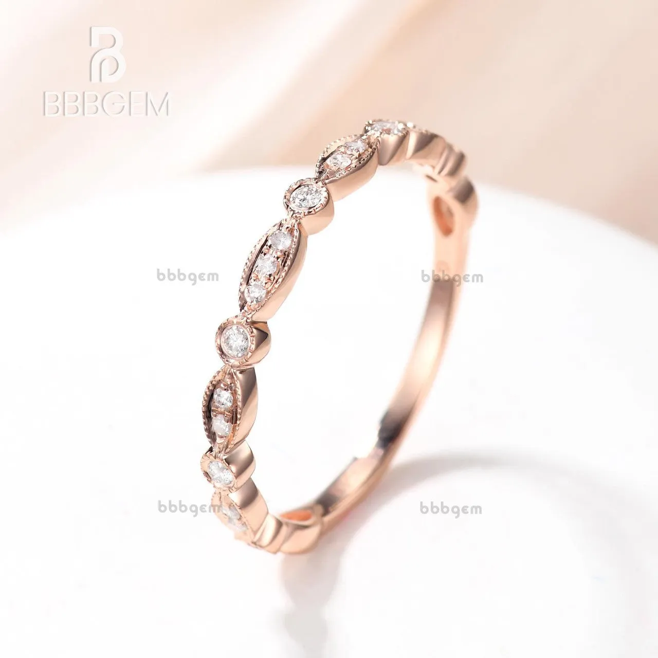 Diamond Eternity Rings 14k Rose Gold Antique Art Deco Wedding Band Marquise Anniversary