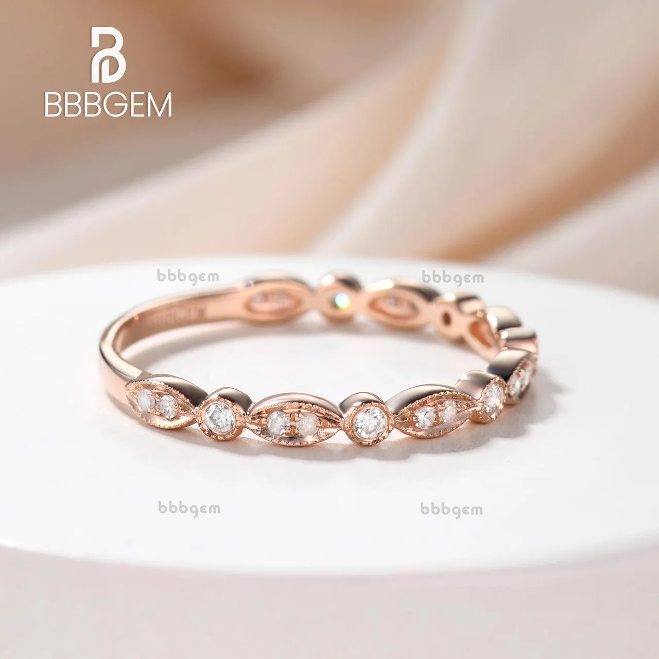 Diamond Eternity Rings 14k Rose Gold Antique Art Deco Wedding Band Marquise Anniversary