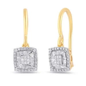 Diamond Set Square Halo Drop Earrings in 9ct Yellow Gold