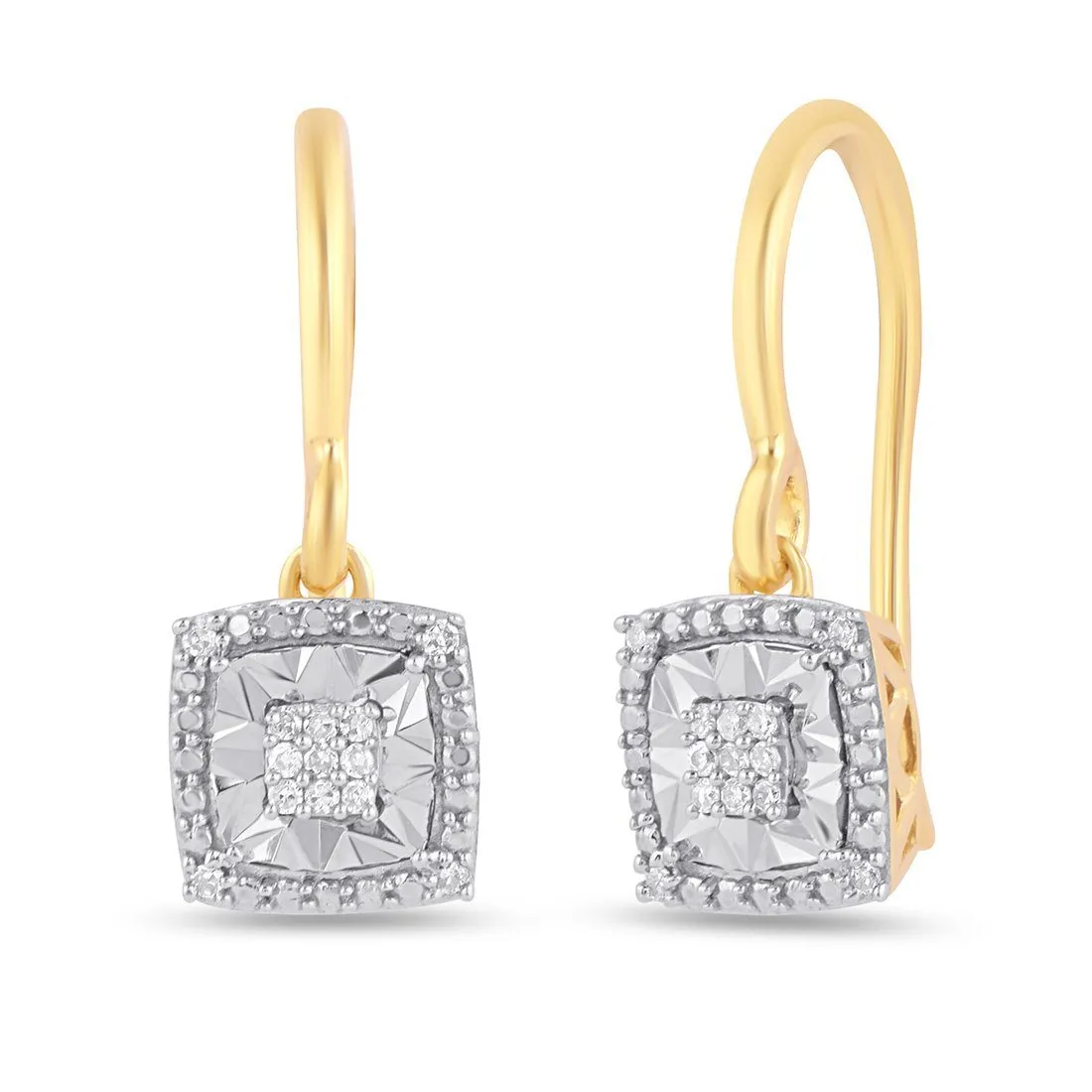 Diamond Set Square Halo Drop Earrings in 9ct Yellow Gold