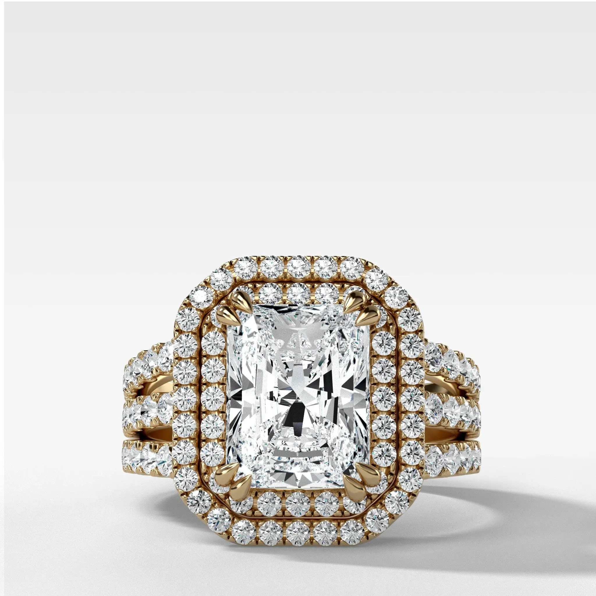 Double Halo Triple Shank Engagement Ring With Elongated Radiant Cut Diamond