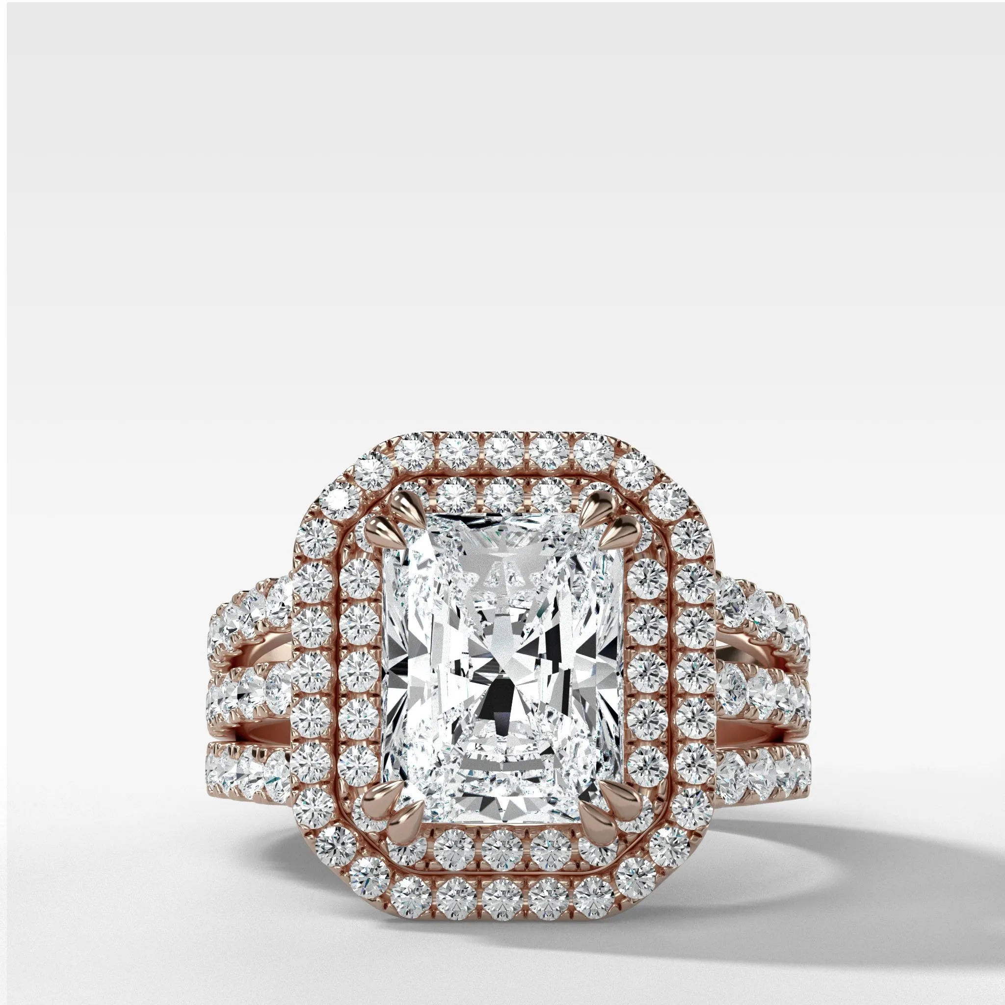 Double Halo Triple Shank Engagement Ring With Elongated Radiant Cut Diamond