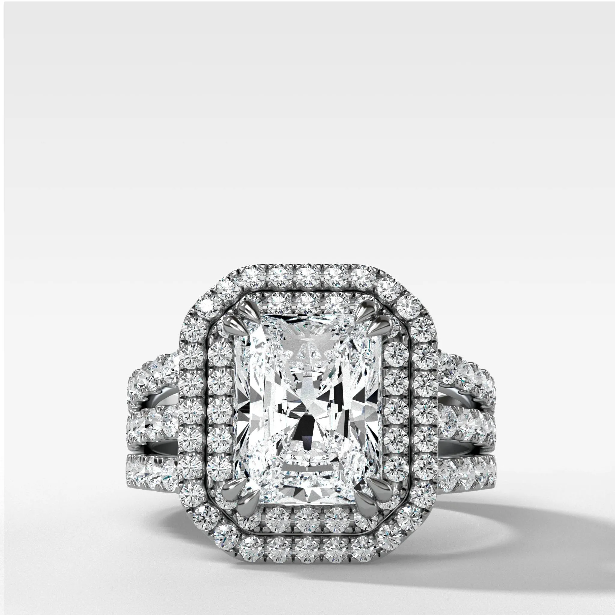 Double Halo Triple Shank Engagement Ring With Elongated Radiant Cut Diamond