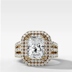 Double Halo Triple Shank Engagement Ring With Elongated Radiant Cut Diamond