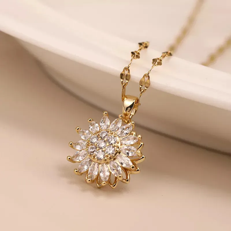 Double-layer Rotatable Sunflower Necklaces Women Chain Choker Stainless Steel