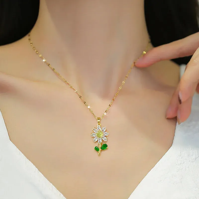 Double-layer Rotatable Sunflower Necklaces Women Chain Choker Stainless Steel