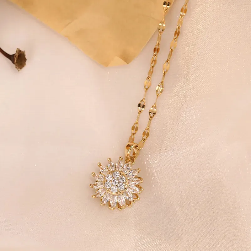 Double-layer Rotatable Sunflower Necklaces Women Chain Choker Stainless Steel