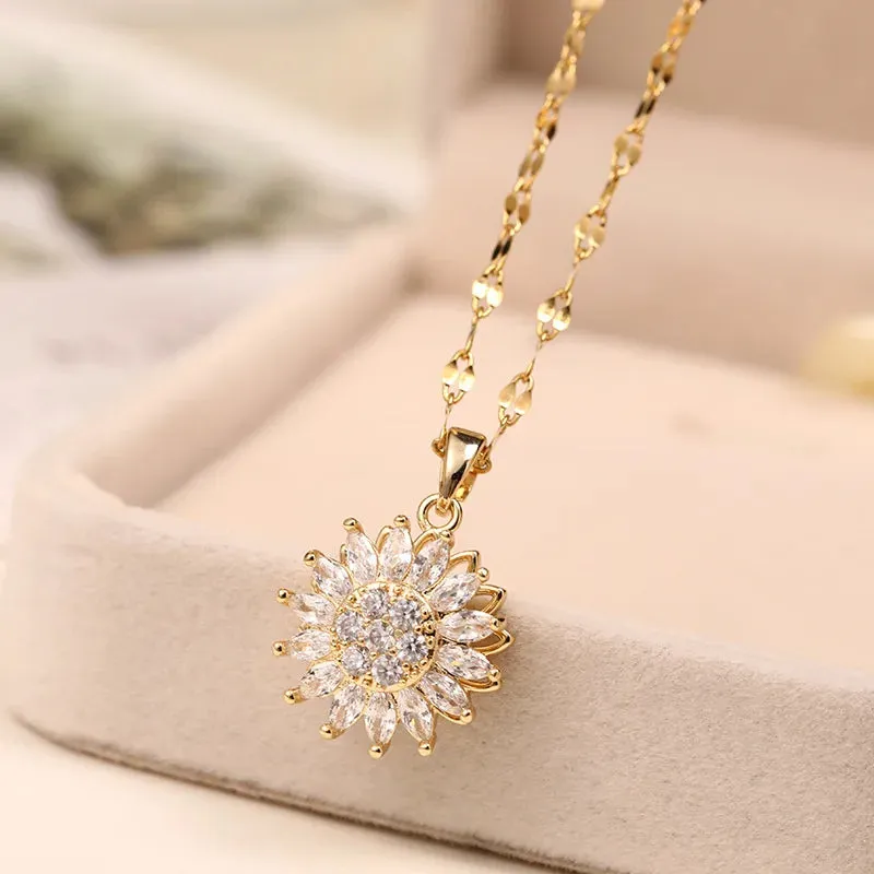 Double-layer Rotatable Sunflower Necklaces Women Chain Choker Stainless Steel