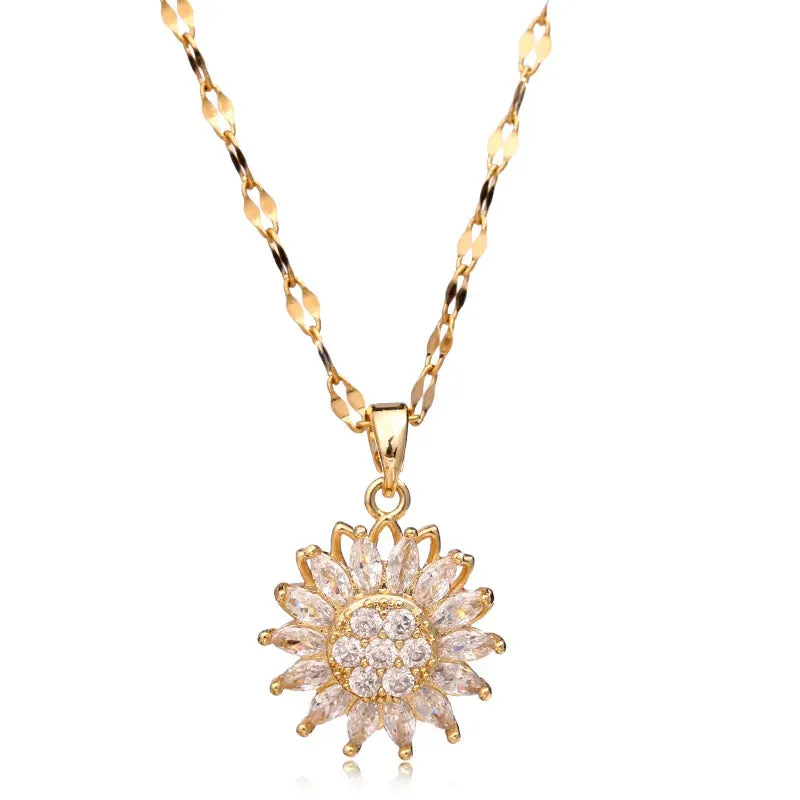 Double-layer Rotatable Sunflower Necklaces Women Chain Choker Stainless Steel